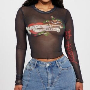 Ed Hardy Black Sheer Long Sleeve Tattoo-Print Crop Top